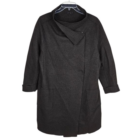 Eileen Fisher Petite 100% Wool Coat Sz PL Brown Asymmetric Collar Snap Button - Picture 1 of 5